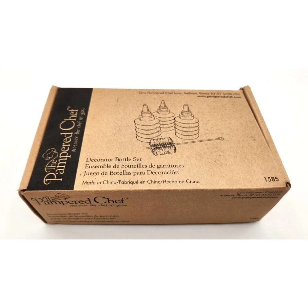 Pampered Chef Bottle Cake Decorator Set #1585 3 Tips Bottles Open Box Complete